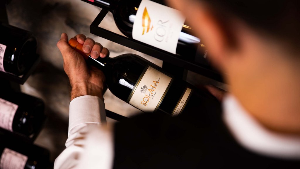 Pamper your palate at this restaurant in Sterzing Person holding a bottle of red wine in a wine cellar