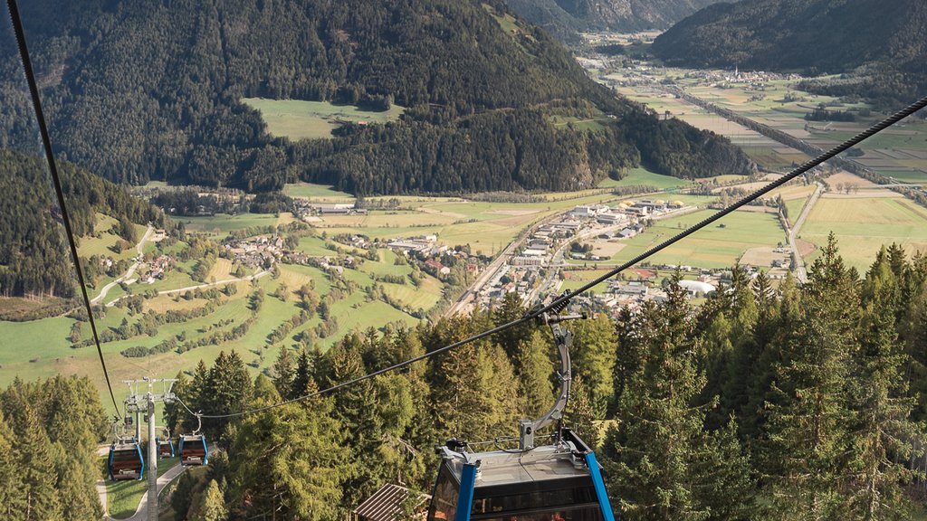 Get your body moving! Cable car over forested mountain with valley and mountains in background