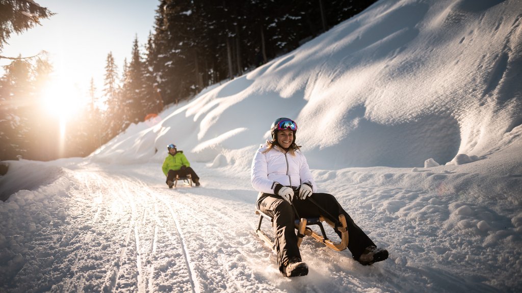 Get your body moving! Two people sledding on snowy trail in sunlight near forest
